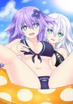  2girls aqua_eyes bikini black_heart blue_eyes braid breasts cleavage flower hair_ornament highres innertube long_hair looking_at_viewer medium_breasts multiple_girls neptune_(series) open_mouth power_symbol purple_hair purple_heart smile swimsuit symbol-shaped_pupils taked very_long_hair white_hair 