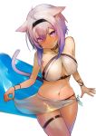  1girl ahoge animal_ears bikini blush breasts cat_ears cat_tail hairband hololive hoshara looking_at_viewer medium_breasts navel nekomata_okayu purple_eyes purple_hair sarong sarong_lift short_hair simple_background skindentation solo swimsuit tail thigh_strap virtual_youtuber white_background white_bikini 