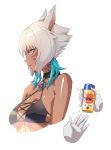  1girl absurdres animal_ears bangs bikini bikini_top breasts cat_ears cropped_torso disembodied_limb facial_mark final_fantasy final_fantasy_xiv halter_top halterneck highres hjz_(artemi) looking_at_viewer medium_breasts miqo&#039;te neck_tattoo short_hair silver_eyes solo swimsuit tattoo whisker_markings white_background white_hair y&#039;shtola_rhul 