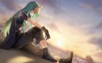  1girl arknights arm_on_knee armband armor black_footwear black_gloves black_pants black_shirt blurry blurry_background boots breastplate breasts chinese_commentary closed_mouth clothes_around_waist cloud cloudy_sky dawn dutch_angle expressionless full_body gloves green_hair horns hoshiguma_(arknights) jacket_around_waist lens_flare lips long_hair looking_at_viewer medium_breasts oni_horns orange_eyes outdoors pants shirt sitting sky sleeveless sleeveless_shirt solo straight_hair sun sunrise turtleneck zenghuimin 