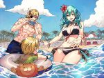 1girl 2boys abs beach bikini black_bikini blonde_hair blue_sky blush breasts byleth_(fire_emblem) byleth_(fire_emblem)_(female) cloud day dimitri_alexandre_blaiddyd eyepatch fire_emblem fire_emblem:_three_houses flower green_eyes green_hair hair_flower hair_ornament happy if_they_mated innertube lion male_swimwear multiple_boys outdoors outstretched_arms partially_submerged phone reaching_out rusky scar sky smile summer swim_trunks swimsuit swimwear 