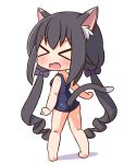  &gt;_&lt; 1girl absurdres animal_ear_fluff animal_ears ass bangs bare_arms bare_legs bare_shoulders barefoot black_hair blue_swimsuit blush bow breasts cat_ears cat_girl cat_tail chibi closed_eyes eyebrows_visible_through_hair fang from_behind full_body green_eyes hair_between_eyes hair_bow hana_kazari highres karyl_(princess_connect!) long_hair low_twintails one-piece_swimsuit open_mouth princess_connect! princess_connect!_re:dive purple_bow ringlets school_swimsuit shadow small_breasts solo swimsuit tail twintails very_long_hair wavy_mouth white_background 