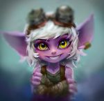  2016 crossed_arms ear_piercing ear_ring eyewear female goggles goggles_on_head hair hozure humanoid league_of_legends looking_at_viewer not_furry piercing portrait purple_body riot_games simple_background smile solo tristana_(lol) video_games white_hair yellow_eyes yordle 