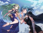  2girls adjusting_eyewear anklet armor armored_dress bare_legs barefoot bespectacled black_cloak black_legwear black_shorts blue_dress blue_eyes blue_hair blue_sky blush breasts byleth_(fire_emblem) byleth_(fire_emblem)_(female) cloak closed_mouth cloud cloudy_sky commentary cowboy_shot day diadem dress fire_emblem fire_emblem:_three_houses floating full_body glasses green_eyes green_hair hair_between_eyes highres jewelry long_hair looking_at_viewer medium_breasts medium_hair midriff multiple_girls navel outdoors pantyhose parted_lips red-framed_eyewear ribbon semi-rimless_eyewear short_shorts shorts sky smile soles sothis_(fire_emblem) thighs tugo vambraces 