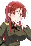  1girl black_ribbon breasts commentary_request highres kuroten long_hair medium_breasts military military_jacket military_uniform minna-dietlinde_wilcke neck_ribbon red_eyes red_hair ribbon simple_background solo strike_witches uniform upper_body white_background world_witches_series 