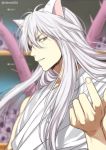  1boy animal_ears beckoning blurry blurry_background commentary_request fox_ears hair_between_eyes kurama long_hair looking_at_viewer male_focus mashima_shima parted_lips plant robe smile solo twitter_username upper_body vines white_hair white_robe yellow_eyes youko_kurama yuu_yuu_hakusho 