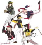  5girls absurdres artist_name baseball baseball_bat baseball_cap baseball_jersey baseball_mitt baseball_uniform blonde_hair braid braided_ponytail brown_eyes brown_hair eyebrows_visible_through_hair eyepatch girls_frontline hat highres long_hair m16a1_(girls_frontline)_(boss) m4_sopmod_ii_(girls_frontline) m4a1_(girls_frontline) multicolored multicolored_eyes multicolored_hair multiple_girls o.k.corral pink_hair purple_eyes red_eyes ro635_(girls_frontline) scar scar_across_eye silver_hair sportswear st_ar-15_(girls_frontline) twintails white_background white_hair yellow_eyes 