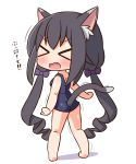  &gt;_&lt; 1girl absurdres animal_ear_fluff animal_ears ass bangs bare_arms bare_legs bare_shoulders barefoot black_hair blue_swimsuit blush bow breasts cat_ears cat_girl cat_tail chibi closed_eyes eyebrows_visible_through_hair fang from_behind full_body green_eyes hair_between_eyes hair_bow hana_kazari highres karyl_(princess_connect!) long_hair low_twintails one-piece_swimsuit open_mouth princess_connect! princess_connect!_re:dive purple_bow ringlets school_swimsuit shadow small_breasts solo swimsuit tail translation_request twintails very_long_hair wavy_mouth white_background 