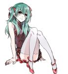  1girl adapted_costume bangs black_jacket closed_mouth d.gray-man earrings full_body green_hair hair_between_eyes hair_ribbon jacket jewelry lenalee_lee long_hair miniskirt red_eyes red_footwear red_ribbon ribbon shiny shiny_hair shumiko_(kamenokoueki) simple_background sitting sketch skirt sleeveless sleeveless_jacket smile solo thighhighs twintails white_background white_legwear zettai_ryouiki 