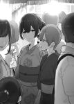  1boy 1girl age_difference bag bagged_fish blurry commentary crowd depth_of_field festival fish greyscale hair_between_eyes hair_bun hickey highres holding holding_bag japanese_clothes kimono looking_at_another monochrome obi original sash shinjiro shota-kun_(shinjiro) summer_festival yukata 