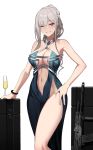  1girl ak-12 ak-12_(girls_frontline) armpits assault_rifle bare_arms bare_shoulders blue_dress breasts center_opening cero_(last2stage) champagne_flute cleavage cup dress drinking_glass girls_frontline grin gun hand_on_hip highres large_breasts long_hair looking_at_viewer navel one_eye_closed ponytail red_eyes rifle side_slit silver_hair sleeveless sleeveless_dress smile solo standing thighs weapon wristband 