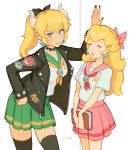  2girls black_bow blonde_hair bow bowsette closed_eyes curly_hair green_skirt hair_bow hand_on_hip hand_up hands_on_lap jacket jivke leather leather_jacket mario_(series) multiple_girls patches pink_bow pink_skirt ponytail princess_peach school_uniform skirt smile 