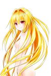  1girl bangs blonde_hair breasts closed_mouth eyebrows_visible_through_hair floating_hair from_side hair_between_eyes hair_censor hair_intakes hair_over_breasts highres konjiki_no_yami konjikino83 long_hair looking_at_viewer nude red_eyes shiny shiny_hair simple_background small_breasts smile solo standing to_love-ru very_long_hair white_background 