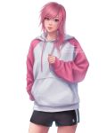  1girl bangs blue_eyes casual drawstring final_fantasy final_fantasy_xiii hair_between_eyes hood hood_down hoodie lightning_farron long_hair looking_at_viewer pink_hair shorts solo umigraphics white_background 