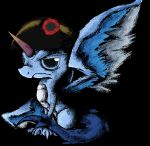  2013 activision ambiguous_gender black_background blue_body blue_claws blue_fur blue_sclera claws clothing dragon equid equine feathered_dragon feathered_wings feathers feral fur hat headgear headwear horn hybrid mammal reaction_image simple_background sitting skylanders unicorn video_games whirlwind_(skylanders) wings yoshi-dragon 