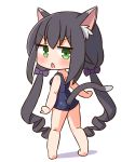  1girl absurdres animal_ear_fluff animal_ears ass bangs bare_arms bare_legs bare_shoulders barefoot black_hair blue_swimsuit blush bow cat_ears cat_girl cat_tail chibi eyebrows_visible_through_hair from_behind full_body green_eyes hair_between_eyes hair_bow hana_kazari highres karyl_(princess_connect!) long_hair looking_at_viewer looking_back low_twintails one-piece_swimsuit parted_lips princess_connect! princess_connect!_re:dive purple_bow ringlets school_swimsuit shadow solo swimsuit tail twintails very_long_hair white_background 