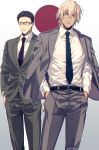  2boys amuro_tooru belt black_hair black_neckwear blonde_hair blue_eyes blue_neckwear brown_jacket brown_pants brown_suit closed_mouth collared_shirt commentary_request cowboy_shot dark_skin dark_skinned_male flag_background formal glasses grey_jacket grey_pants grey_suit hair_between_eyes hands_in_pockets jacket japanese_flag kazami_yuuya male_focus mashima_shima meitantei_conan multiple_boys necktie open_clothes open_jacket outline pants serious shirt standing suit twitter_username v-shaped_eyebrows white_outline white_shirt 