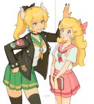  2girls black_bow blonde_hair blue_earrings blue_eyes bow bowsette curly_hair green_skirt hair_bow hand_on_hip hand_up hands_on_lap horns jacket jivke leather leather_jacket mario_(series) multiple_girls patches pink_bow skirt surprised wide-eyed 