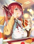  1girl :p absurdres blurry blurry_background blush breast_rest breasts casual eating food hamburger heterochromia highres hololive houshou_marine large_breasts long_hair looking_at_viewer okoru_ringo red_hair restaurant solo table tongue tongue_out twintails virtual_youtuber 