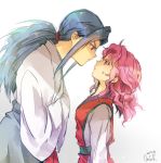  1boy 1girl antenna_hair bent_over blue_hair crossed_arms genkai height_difference imai_miu japanese_clothes long_hair long_sleeves medium_hair pink_hair shishiwakamaru simple_background upper_body white_background younger yuu_yuu_hakusho 