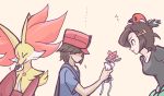 ... 1boy 1girl blue_shirt breasts brown_hair calme_(pokemon) clothes_around_waist collarbone commentary_request delphox faceless faceless_male fletchling flower gardear058 gen_6_pokemon hair_ornament hairclip hat holding holding_flower mature mother&#039;s_day mother_and_son on_head pink_headwear pokemon pokemon_(creature) pokemon_(game) pokemon_on_head pokemon_xy saki_(pokemon) shirt smile 