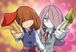  2girls bags_under_eyes bangs blazer blue_neckwear blush boku_no_hero_academia brown_hair commentary_request cosplay costume_switch covered_eyes cowboy_shot crossover hair_over_eyes hair_over_one_eye holding_mushroom jacket komori_kinoko little_witch_academia long_hair long_sleeves looking_at_viewer luna_nova_school_uniform multiple_girls mushroom necktie pale_skin purple_hair red_neckwear sanpaku school_uniform shirt sucy_manbavaran u.a._school_uniform uranoyoru vest 