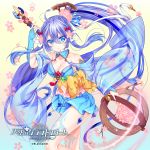  1girl blue_eyes blue_hair breasts cherry_blossoms cleavage company_name copyright_name flower hair_flower hair_ornament highres long_hair looking_at_viewer medium_breasts midriff navel official_art ponytail solo teltelhousi tenkuu_no_craft_fleet very_long_hair wand 