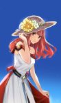  1girl celica_(fire_emblem) dress fire_emblem fire_emblem_echoes:_shadows_of_valentia flower hand_on_headwear hat hat_flower highres long_hair misu_kasumi parted_lips red_eyes red_hair solo sun_hat white_dress 