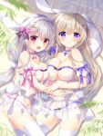  2girls ameto_yuki animal_ears ass babydoll bangs blonde_hair blurry_foreground blush breasts bunny_ears bunny_tail choker cleavage eyebrows_visible_through_hair grey_hair hair_ornament hairband hairclip highres large_breasts lying multiple_girls on_back on_side open_mouth original panties purple_eyes red_eyes see-through siblings sisters smile tail underwear 