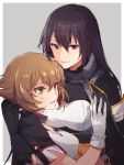  2girls black_coat black_gloves black_hair brown_hair coat elbow_gloves eyebrows_visible_through_hair gloves green_eyes hair_between_eyes kantai_collection kasumi_(skchkko) long_coat long_hair multiple_girls mutsu_(kantai_collection) nagato_(kantai_collection) no_headgear partly_fingerless_gloves red_eyes remodel_(kantai_collection) short_hair torn_clothes upper_body white_gloves 