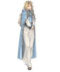  1girl alba blonde_hair blue_eyes bow cape circlet cloak closed_mouth dress edain_(fire_emblem) feet fire_emblem fire_emblem:_genealogy_of_the_holy_war full_body hands_together headpiece highres long_dress long_hair long_sleeves looking_at_viewer sandals shiny solo wavy_hair white_dress 