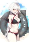  1girl absurdres ahoge bee_doushi bikini black_bikini black_gloves blue_sky blush breasts cleavage cloud fate/grand_order fate_(series) gloves highres jeanne_d&#039;arc_(alter)_(fate) jeanne_d&#039;arc_(alter_swimsuit_berserker) jeanne_d&#039;arc_(fate)_(all) large_breasts lifebuoy long_hair navel o-ring o-ring_bikini o-ring_bottom o-ring_top open_mouth sand silver_hair sky swimsuit tsurime very_long_hair white_hair yellow_eyes 