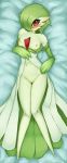  1girl arm_at_side arm_rest bare_shoulders blush breasts closed_mouth collarbone dakimakura dress from_above gardevoir gen_3_pokemon green_hair hand_rest highres knees_together_feet_apart looking_at_viewer lying medium_hair monster_girl navel nipples no_panties nose_blush off_shoulder on_back pokemon pokemon_(creature) pussy pussy_juice red_eyes seraziel small_breasts smile solo stomach thigh_gap 