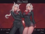  2girls bangs black_horns black_suit blush breasts character_name demon_girl demon_horns demon_tail heart heart-shaped_pupils helltaker highres horns large_breasts long_hair long_sleeves looking_at_viewer lucifer_(helltaker) modeus_(helltaker) mole mole_under_eye multiple_girls necktie red_eyes red_shirt red_sweater ribbed_sweater shirt short_hair smile solo subong sweater symbol-shaped_pupils tail thighs turtleneck white_hair white_horns 