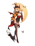  1girl absurdres bangs bat black_legwear blonde_hair blue_eyes breasts cat demon_horns erosiscon eyebrows hair_ornament high_heels highres horns looking_at_viewer pointy_ears red_footwear solo standing thighhighs tongue tongue_out 