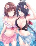  2girls ahoge bangs bikini black_bikini black_hair blue_sarong breasts brown_hair cleavage collarbone commentary_request cowboy_shot dated flower frilled_bikini frills furutaka_(kantai_collection) glowing glowing_eye hair_flower hair_ornament hair_over_one_eye hairclip heterochromia kabocha_torute kako_(kantai_collection) kantai_collection long_hair looking_at_viewer medium_breasts multiple_girls parted_bangs pink_sarong ponytail salute sarong short_hair side-tie_bikini smile standing swimsuit twitter_username wading water white_bikini yellow_eyes 