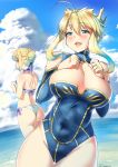  2girls absurdres ahoge artist_name artoria_pendragon_(all) artoria_pendragon_(lancer) ass back bangs bare_shoulders beach bikini blonde_hair blue_bow blue_eyes blue_leotard blue_sleeves blush bow braid breast_envy breast_suppress breasts cleavage cloud covered_navel cross crown dated day detached_sleeves eyebrows_visible_through_hair fate/grand_order fate/stay_night fate_(series) french_braid hair_between_eyes hair_bow halterneck hands_on_own_chest highleg highleg_leotard highres large_breasts leotard looking_at_another looking_at_viewer looking_back medium_breasts multiple_girls na_arva ocean open_mouth outdoors pout saber short_hair sidelocks sky swimsuit taut_leotard white_bikini 
