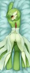  1girl all_fours arms_up ass blush cleft_of_venus dakimakura dress eyebrows_visible_through_hair from_above from_behind full_body gardevoir gen_3_pokemon green_hair hair_over_one_eye highres looking_at_viewer looking_back medium_hair monster_girl no_panties nose_blush pokemon pokemon_(creature) pussy pussy_juice red_eyes seraziel solo top-down_bottom-up 