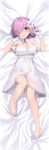  1girl :o absurdres ayul_(ayulneri_92) bare_shoulders bed_sheet breasts choker cleavage dakimakura dress earrings fate/grand_order fate_(series) flower gloves hair_flower hair_ornament hair_over_one_eye highres jewelry large_breasts looking_at_viewer lying mash_kyrielight off-shoulder_dress off_shoulder official_art on_back purple_eyes purple_hair ribbon ribbon_choker shoes short_hair solo stud_earrings white_dress white_earrings white_flower white_footwear white_gloves white_ribbon 