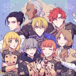  3girls 5boys annette_fantine_dominic anniversary ashe_ubert black_hair blonde_hair blue_eyes bow brown_eyes closed_eyes closed_mouth crossed_arms dark_skin dark_skinned_male dedue_molinaro dimitri_alexandre_blaiddyd earrings felix_hugo_fraldarius fire_emblem fire_emblem:_three_houses from_behind from_side garreg_mach_monastery_uniform green_eyes grey_hair hair_bow highres holding hood hood_down ingrid_brandl_galatea jewelry long_hair long_sleeves looking_to_the_side low_ponytail mercedes_von_martritz multiple_boys multiple_girls noshima open_mouth orange_hair red_hair short_hair smile sylvain_jose_gautier twintails uniform 