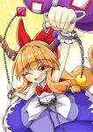  1girl aki_chimaki bangs belt bow bowtie chain collarbone cube cuffs eyebrows_visible_through_hair fangs gourd gradient gradient_background hair_bow horn_ornament horn_ribbon horns ibuki_suika long_hair looking_at_viewer low-tied_long_hair metal_belt one_eye_closed oni open_mouth orange_eyes orange_hair parted_bangs purple_ribbon purple_skirt red_bow red_neckwear red_ribbon ribbon ribbon-trimmed_skirt ribbon_trim shackles shirt sidelocks skirt sleeveless sleeveless_shirt smile solo sphere torn_clothes torn_sleeves touhou white_shirt wrist_cuffs 