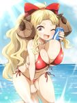  1girl :d alternate_hairstyle anila_(granblue_fantasy) bikini blonde_hair blush bow breasts can draph drink fang front-tie_top granblue_fantasy hair_bow highres hikimayu horns huge_breasts light_rays long_hair ocean one_eye_closed open_mouth pocari_sweat ponytail raiden_(raiden_labo) red_bikini sheep_horns side-tie_bikini skin_fang smile solo sunbeam sunlight swimsuit unaligned_breasts very_long_hair water wavy_hair yellow_eyes 