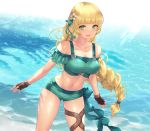  1girl beach blonde_hair breasts brown_gloves cait cleavage fingerless_gloves fire_emblem fire_emblem:_three_houses fire_emblem_heroes flower gloves green_eyes hair_flower hair_ornament ingrid_brandl_galatea long_hair midriff open_mouth outdoors solo swimsuit water 