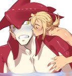  2020 anthro blonde_hair blush breath_of_the_wild digital_media_(artwork) duo eyes_closed fish hair humanoid humanoid_on_anthro humanoid_pointy_ears hylian kissing kissing_cheek kukumomo larger_male link male male/male mammal marine nintendo nude partially_submerged pecs prince_sidon simple_background size_difference smaller_male the_legend_of_zelda video_games yellow_eyes zora 