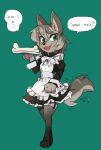  anthro black_nose blue_eyes blush bone canid canine clothing digitigrade english_text fangs female fiddleafox fur garter_straps green_background grey_body grey_fur grey_hair hair holding_object holding_plate legwear looking_aside maid_uniform mammal open_mouth simple_background solo sound_effects speech_bubble standing tailwag text thigh_highs uniform 