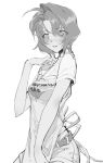  1girl alternate_costume breasts copyright_name greyscale gunsmith_cats looking_down medium_breasts medium_hair monochrome rally_vincent shirt solo suiso_(owp) white_shirt 