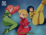  3girls alex_(totally_spies) arms_behind_back artist_name blonde_hair blue_eyes blue_hair bluethebone bodysuit bound breast_bondage breasts clover_(totally_spies) commentary english_commentary english_text green_bodysuit green_eyes legs_up long_hair looking_at_viewer lying medium_breasts multiple_girls oldschool on_back on_side red_bodysuit red_hair restrained sam_(totally_spies) shibari short_hair sitting subtitled tied_up totally_spies yellow_bodysuit 