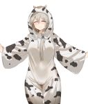  1girl animal_costume animal_print bow_(bhp) closed_eyes commentary cow_costume cow_print drawstring eyebrows_visible_through_hair grey_hair hair_over_shoulder hood hood_up long_hair outstretched_arms simple_background smile solo spread_arms uzaki-chan_wa_asobitai! uzaki_tsuki white_background wide_sleeves 