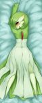  1girl all_fours arms_up blush dakimakura dress eyebrows_visible_through_hair from_above from_behind full_body gardevoir gen_3_pokemon green_hair hair_over_one_eye highres looking_at_viewer looking_back medium_hair monster_girl nose_blush pokemon pokemon_(creature) red_eyes seraziel solo top-down_bottom-up 