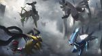  absurdres arceus asteroid_ill cloud crumbling debris dialga dragapult flying fog gen_2_pokemon gen_4_pokemon gen_5_pokemon gen_8_pokemon giratina giratina_(origin) highres legendary_pokemon light_rays mythical_pokemon neon_trim no_humans palkia pillar pokemon pokemon_(creature) red_eyes scenery sigilyph silhouette size_difference skarmory solo xatu 